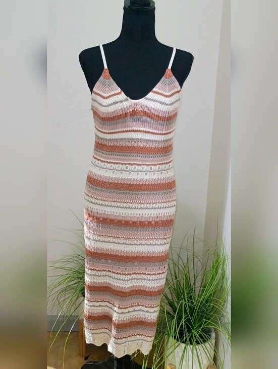 Freshman Dresses & Skirts - Freshman 1996 Striped Crochet Midi Dress in Cream and Brown